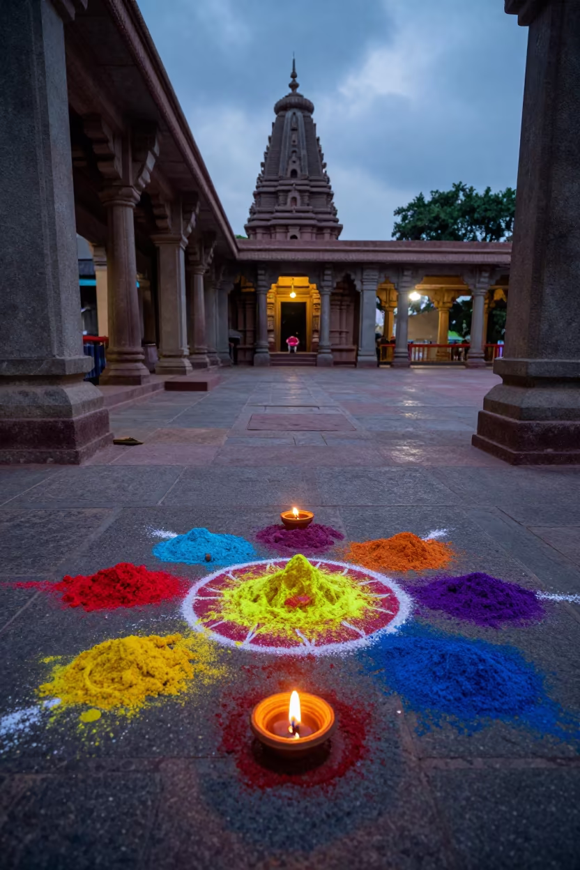 Honeyed Evening Rangoli at Kolkata Temple Courtyard in in a temple courtyard in Kolkata
