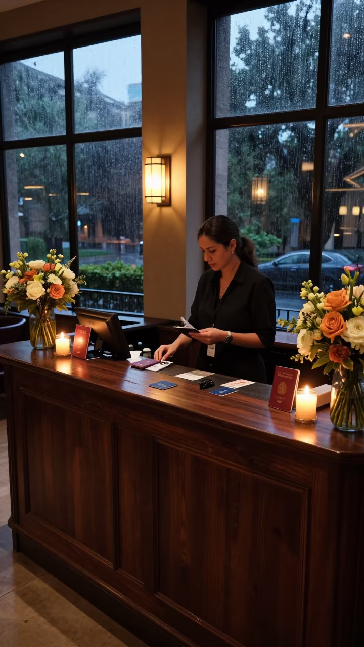 Honeyed Evening Reception Desk in Guadalajara in at a reception desk under warm light in Guadalajara