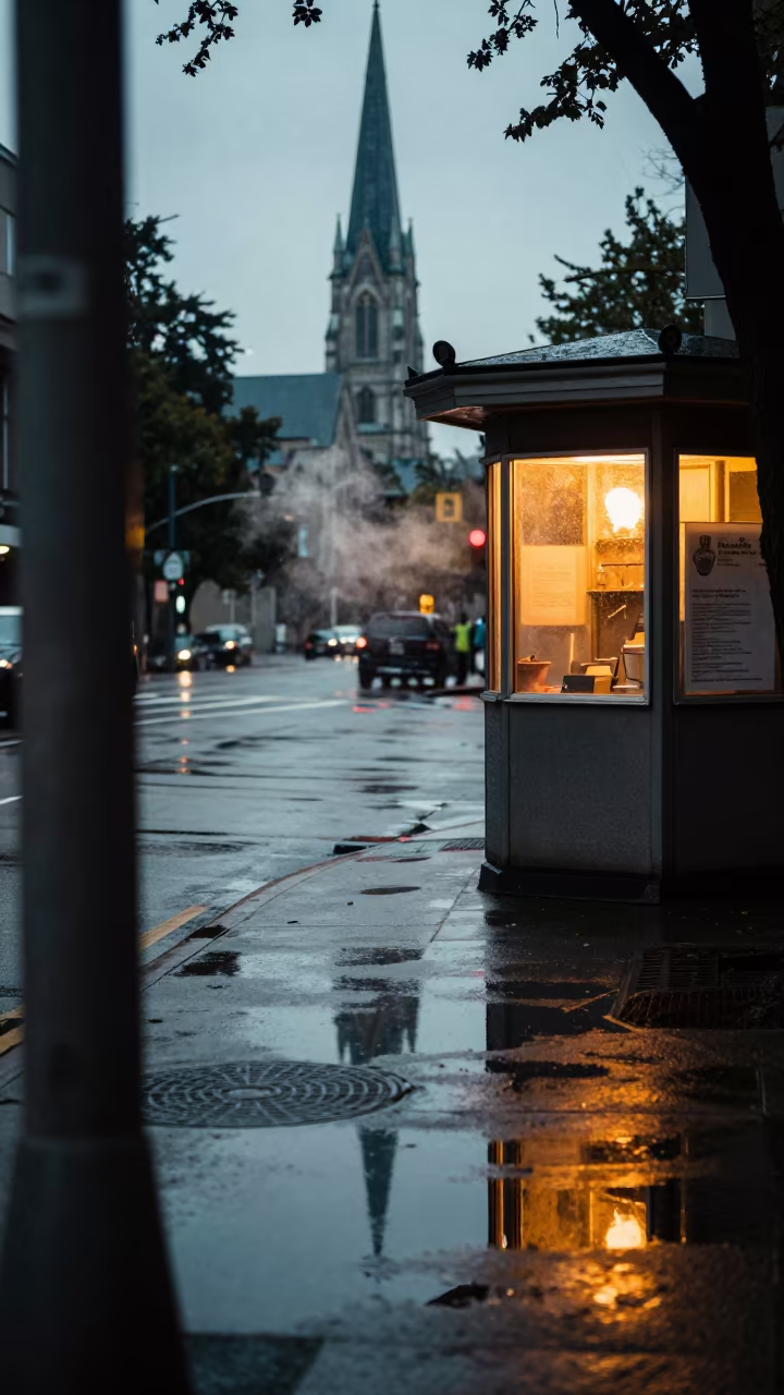 Honeyed Evening Reflection of Church Steeple in Puddle in by a rain-darkened kiosk in Vancouver