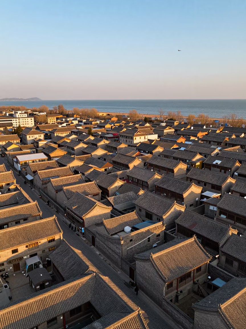 Honeyed Evening Rooftops Over Shaanxi Coastline in far above surf-scalloped coastline in Shaanxi