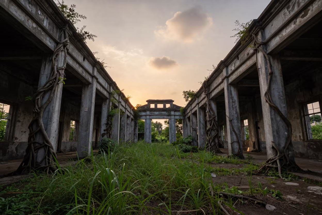 Honeyed Evening Light Over Ruined Market Hall in through a courtyard reclaimed by grasses in Zhejiang