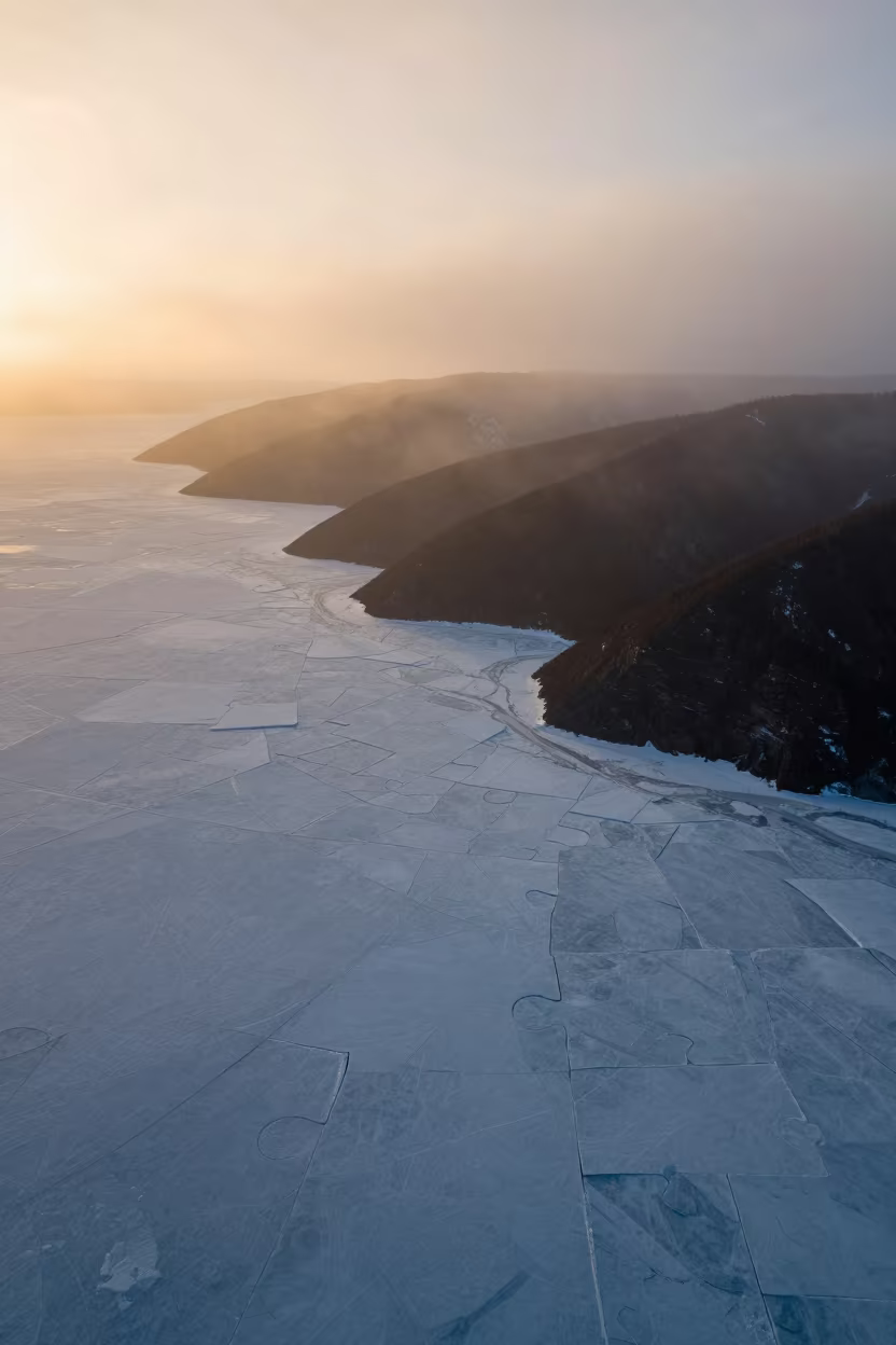 Honeyed Evening Sea Ice Silhouette Aerial Canada in far above terraced hillsides in Canada
