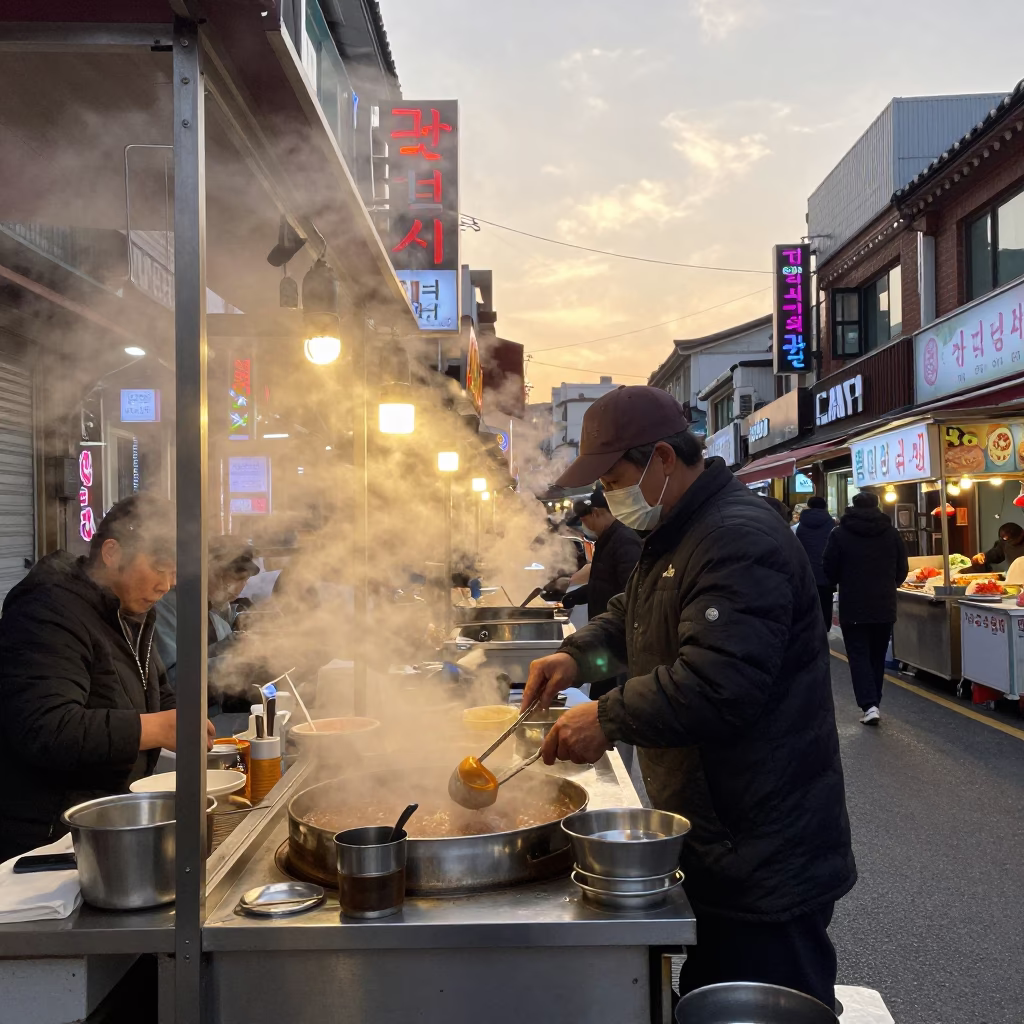 Honeyed Evening Seoul Street Food Stall Steam and Metal Bowls in in Seoul, South Korea