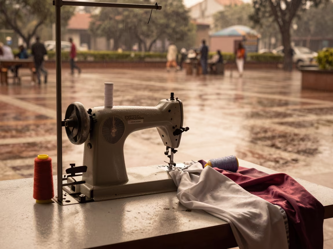 Honeyed Evening Sewing Station Plaza in across a reflective public plaza in Ranchi