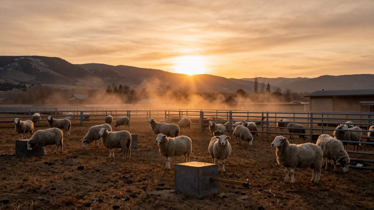 Honeyed Evening Light Over British Columbia Sheep Pasture in inside a ranch corral in British Columbia