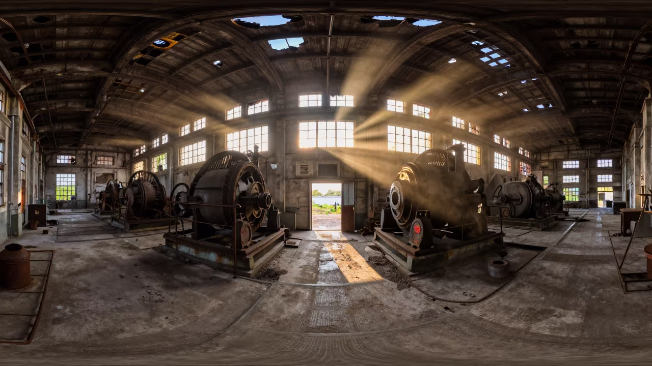 Honeyed Evening Silhouette in Derelict Grain Warehouse in in a turbine hall near Adana