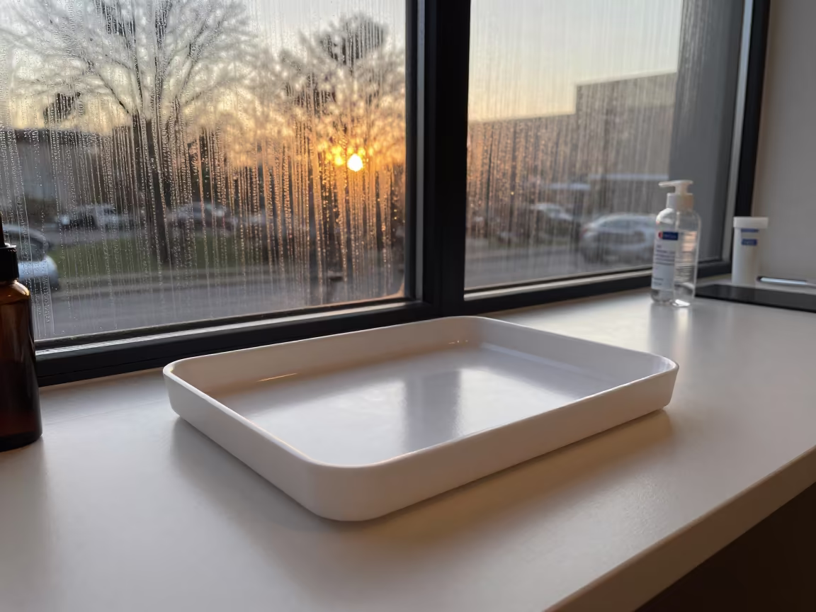 Honeyed Evening Stencil Tray at Salon Reception in at a salon reception counter in Seeb