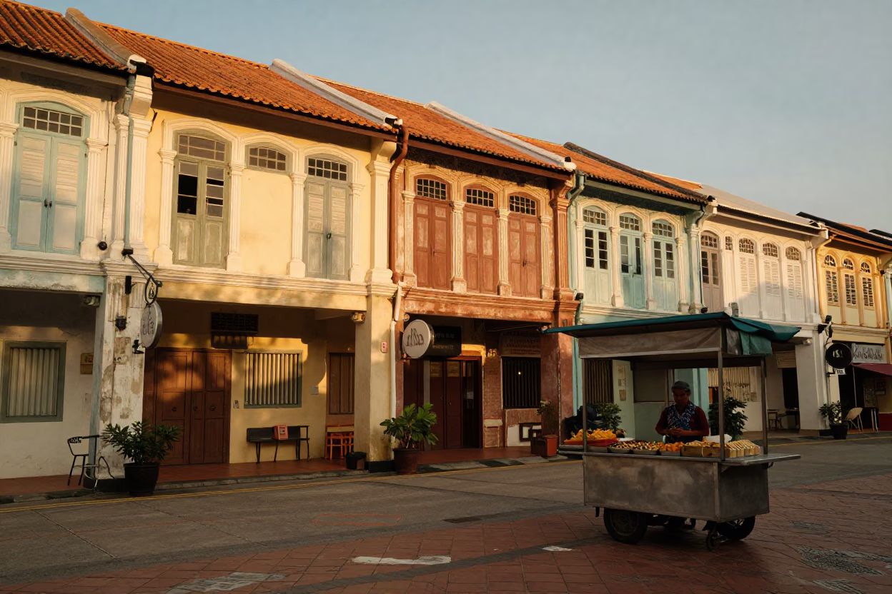 Honeyed Evening Street Scene in George Town Malaysia with Traditional Food and Heritage Architecture in in George Town, Malaysia
