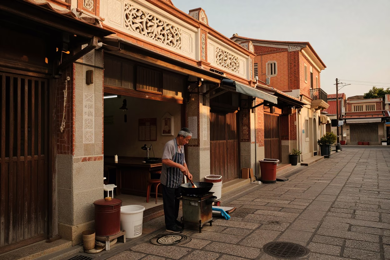 Honeyed Evening Street Scene in Tainan Taiwan with Skillet and Cobblestone Alleyway in in Tainan, Taiwan