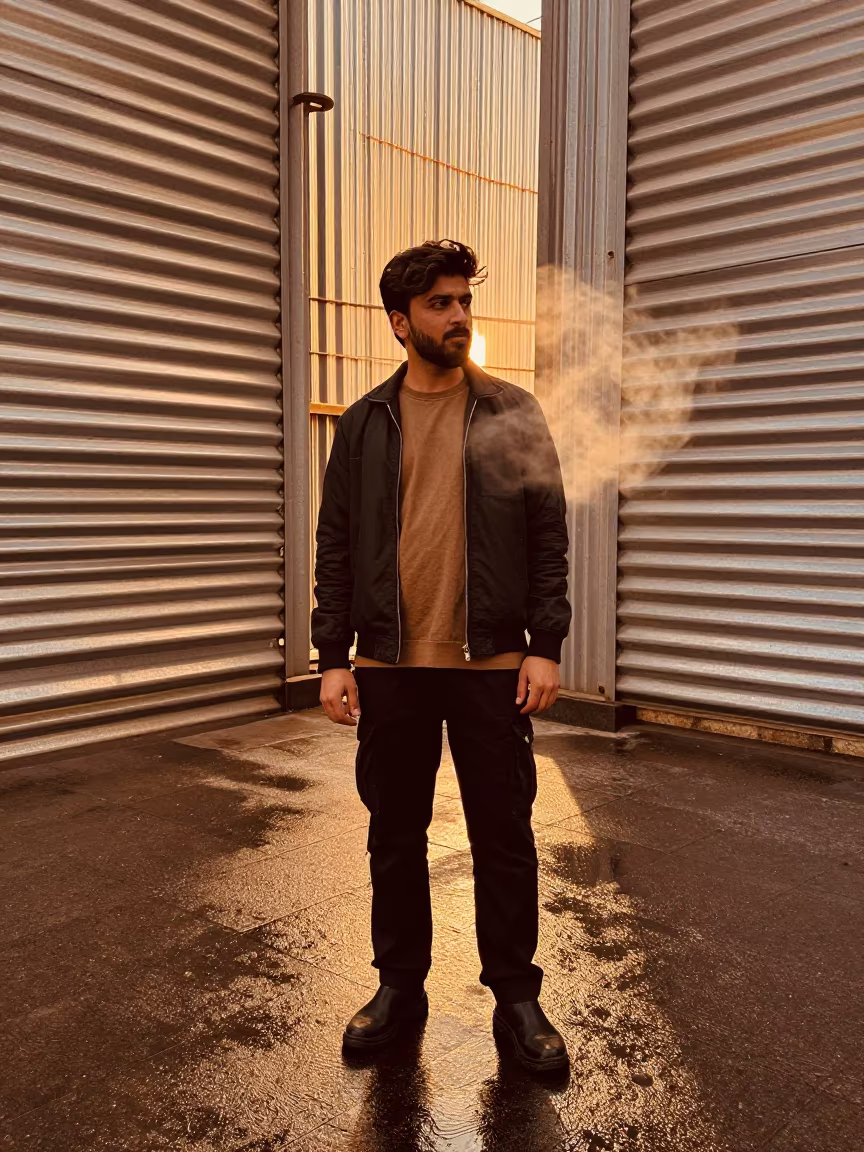 Honeyed Evening Streetwear Editorial Multan Plaza in across a reflective public plaza in Multan