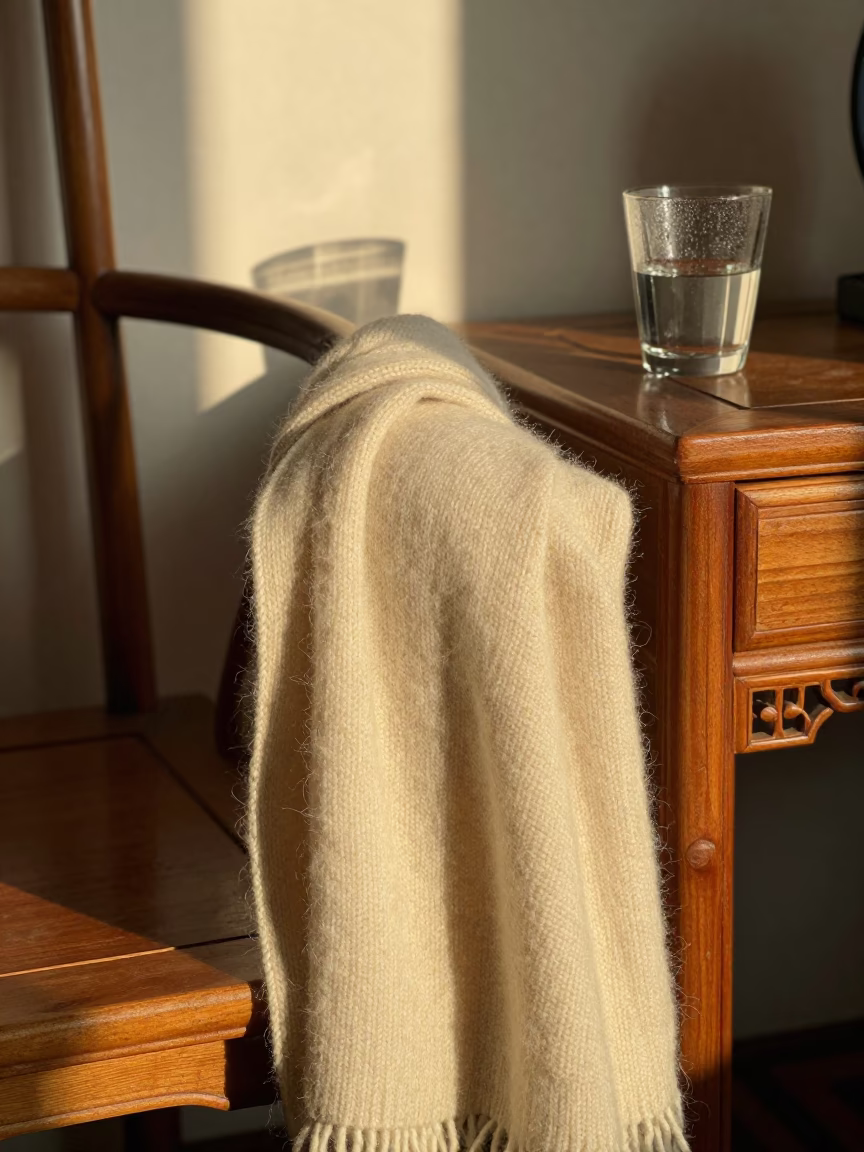 Honeyed Evening Throw on Jinli Chair in on a bedside table in Jinli, Chengdu