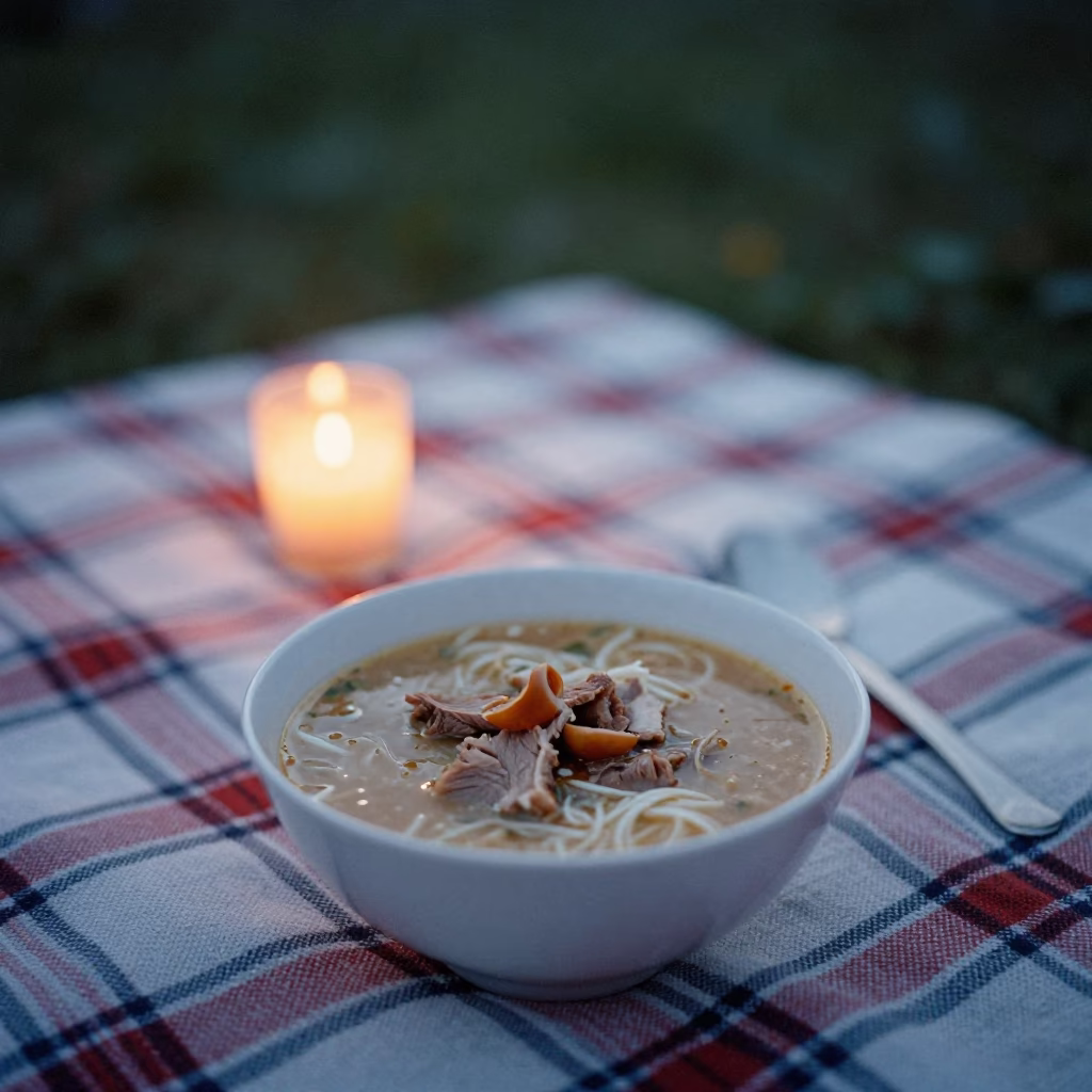 Honeyed Evening Thukpa Bowl Yak Meat Picnic in on a picnic blanket in Novosibirsk