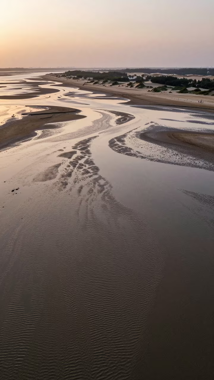 Honeyed Evening Tidal Flat Ripples Aerial View in above dune fields and dry wadis near Suzhou