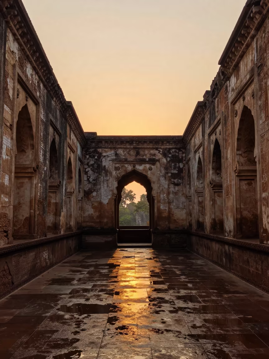Honeyed Light in Anand Monastery Cloister Ruins in inside a quiet cloister passage in Anand