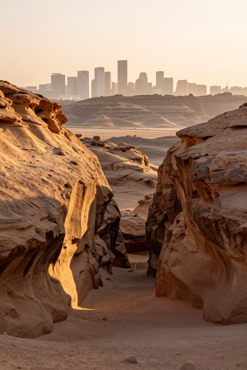 Honeyed Light in Cairo Slot Canyon Foothills in from a ridge above layered foothills near Downtown, Cairo