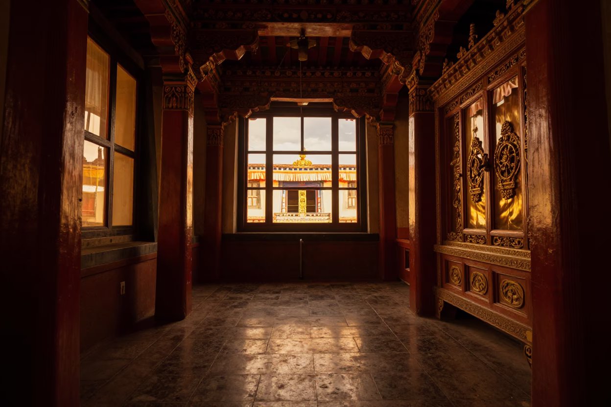 Honeyed Light Falls on Lhasa Corridor Shrine in along a monastery corridor in Lhasa