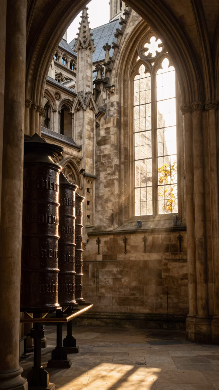 Honeyed Light on Gothic Facade London in beside a prayer wheel corridor in Hampstead, London