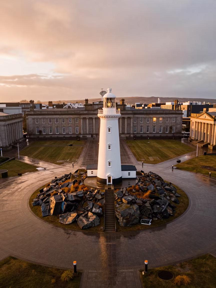 Honeyed Light on Lighthouse Model in Northern Ireland in across a formal civic plaza in Northern Ireland