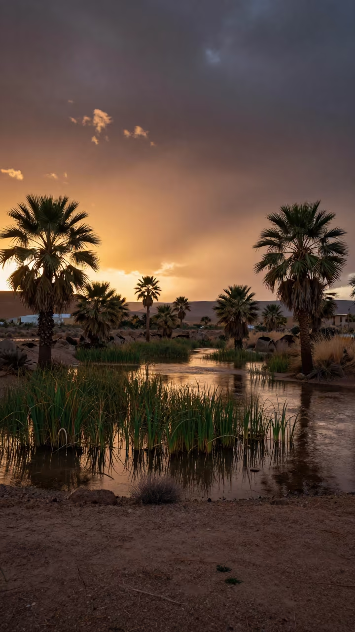 Honeyed Sunset Over New Mexico Desert Oasis in across a floodplain after rain in New Mexico