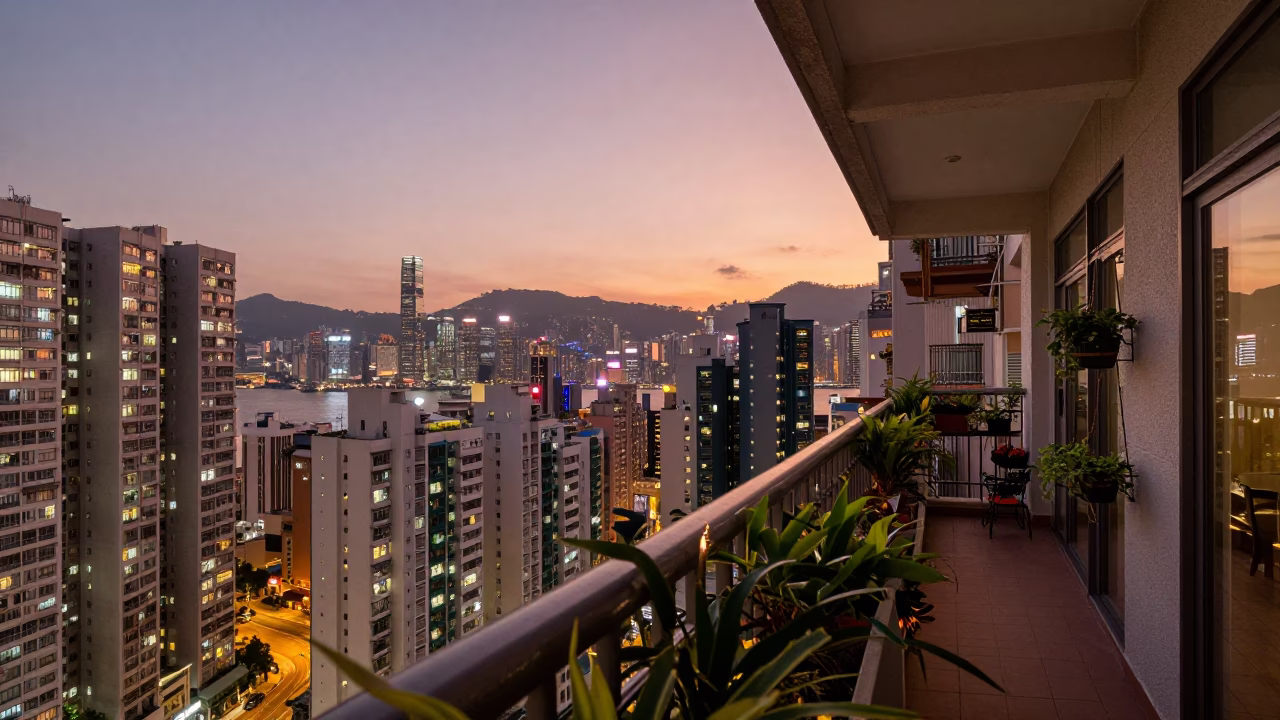 Hong Kong Balcony Dusk View with Hanging Plants and City Skyline in Copper Light in in Hong Kong, Hong Kong