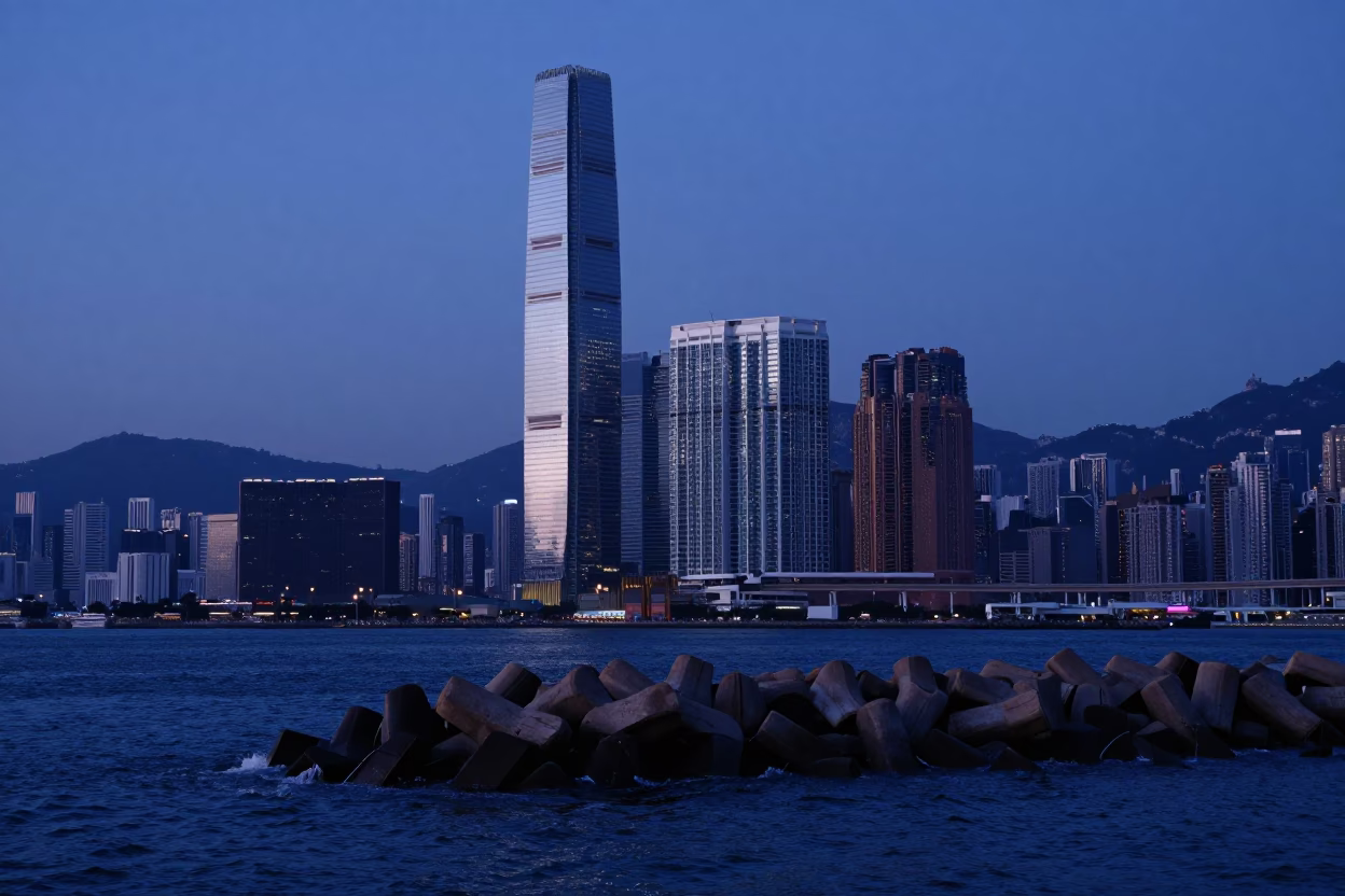 Hong Kong Blue Hour Harbor View with Monorail and Glass Towers in in Hong Kong, Hong Kong