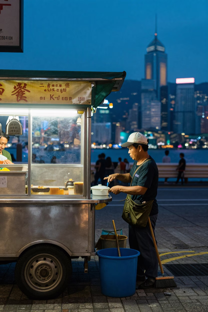 Hong Kong Blue Hour Street Scene with Broom and Bucket Detail in in Hong Kong, Hong Kong