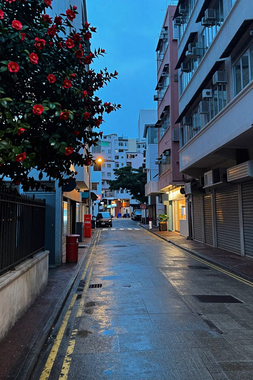 Hong Kong Blue Hour Street Scene with Camellia and Urban Details in in Hong Kong, Hong Kong