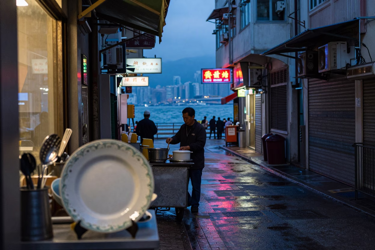 Hong Kong Blue Hour Street Scene with Ceramic Plate and Kitchen Utensil in in Hong Kong, Hong Kong