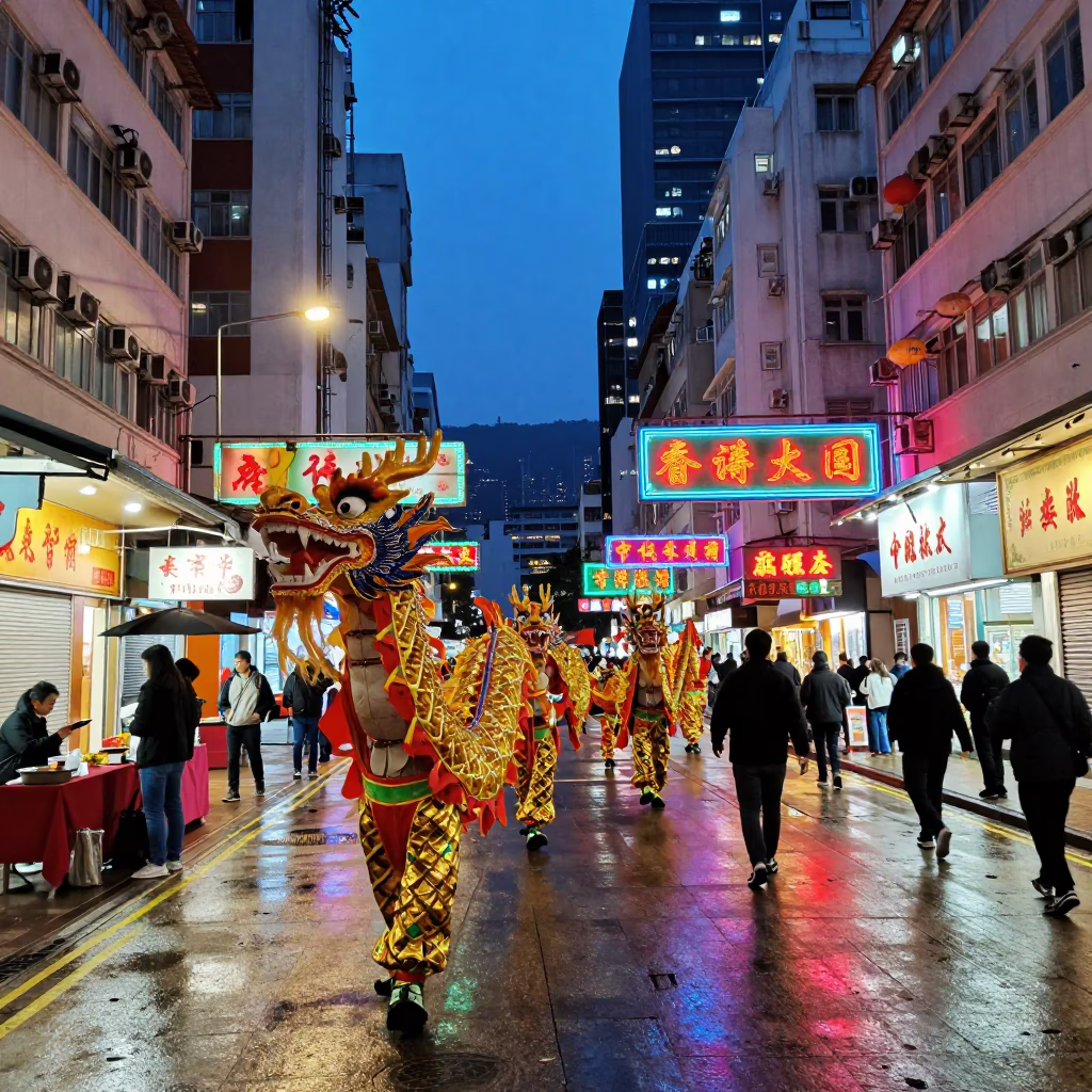 Hong Kong Blue Hour Street Scene with Chinese New Year Dragon Parade at Night in in Hong Kong, Hong Kong