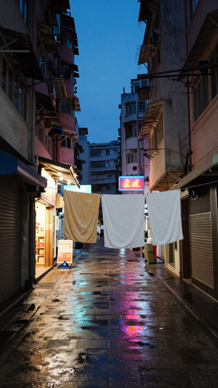 Hong Kong Blue Hour Street Scene with Drying Towels and Iron Hook in in Hong Kong, Hong Kong