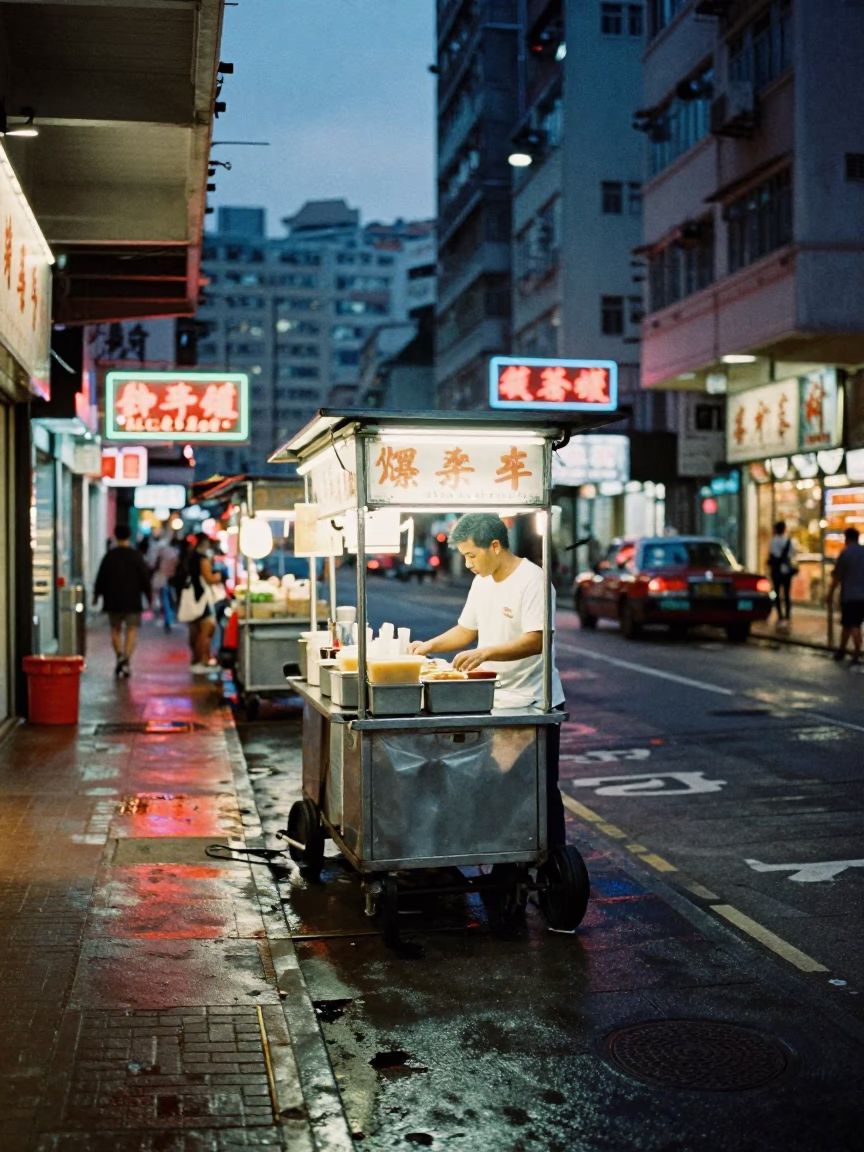 Hong Kong Blue Hour Street Scene with Food Stall and Urban Details in in Hong Kong, Hong Kong