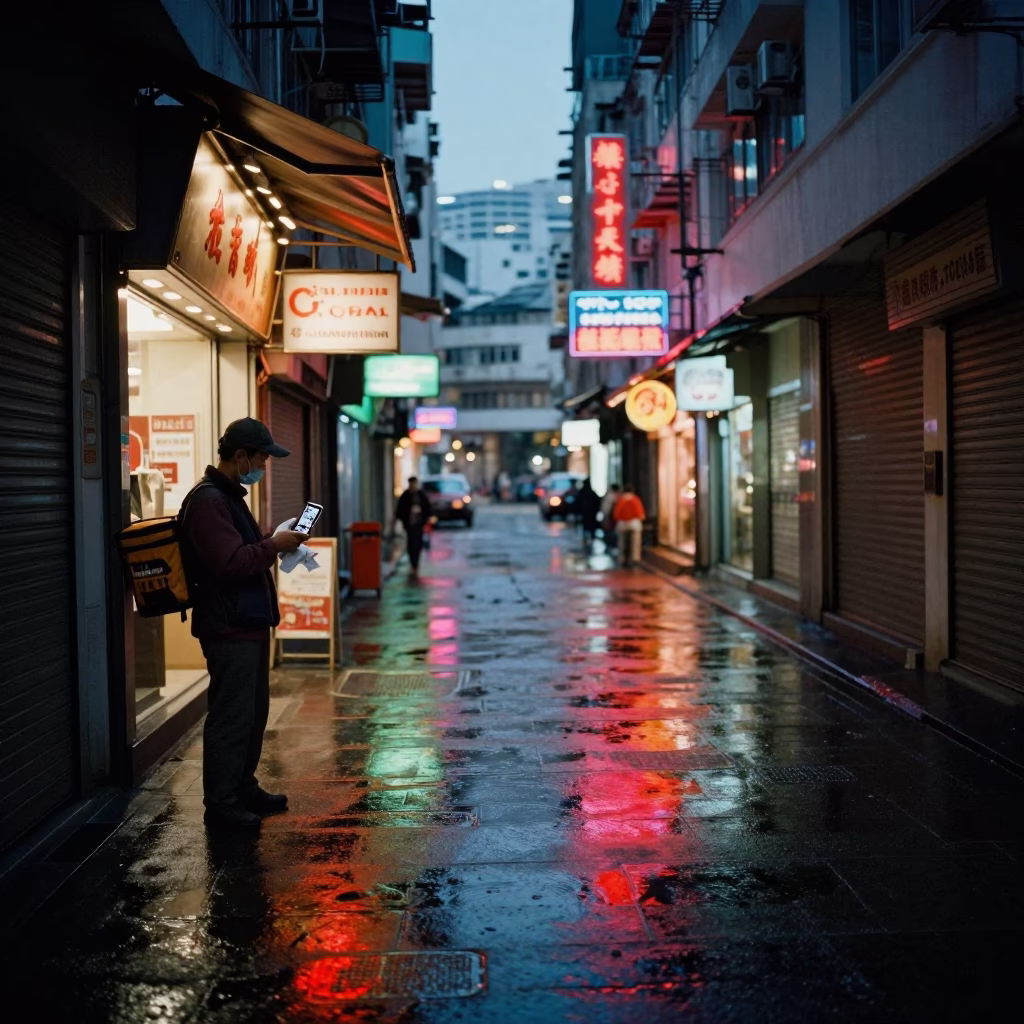 Hong Kong Blue Hour Street Scene with Neon Reflections and Urban Details in in Hong Kong, Hong Kong