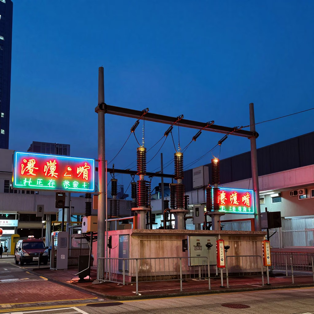 Hong Kong Blue Hour Street Scene with Neon Signs and Substation Busbars in in Hong Kong, Hong Kong