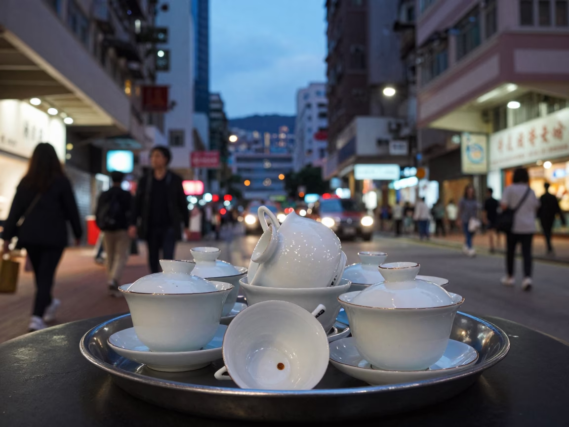 Hong Kong Blue Hour Street Scene with Tea Set and Urban Background in in Hong Kong, Hong Kong