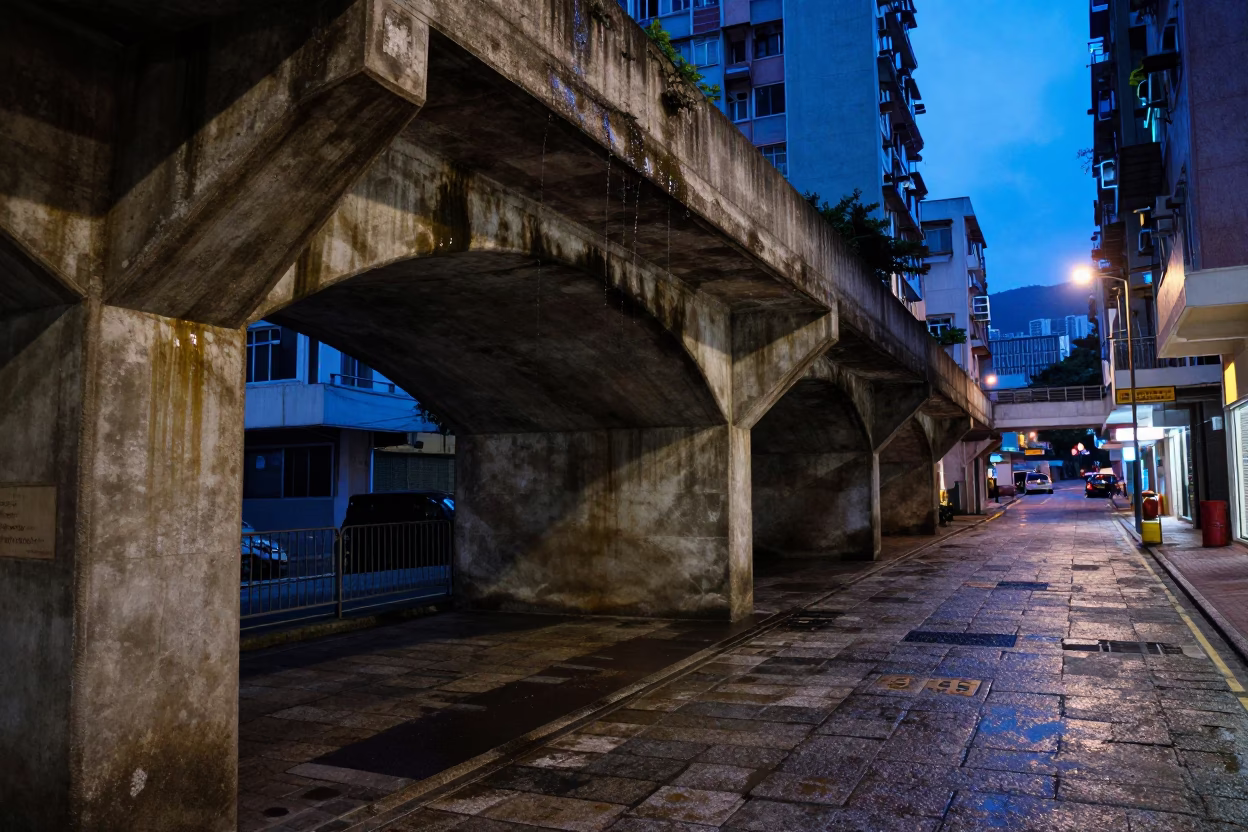 Hong Kong Blue Hour Viaduct Arch Undercroft Dripping Ferny Stone Street Scene in in Hong Kong, Hong Kong