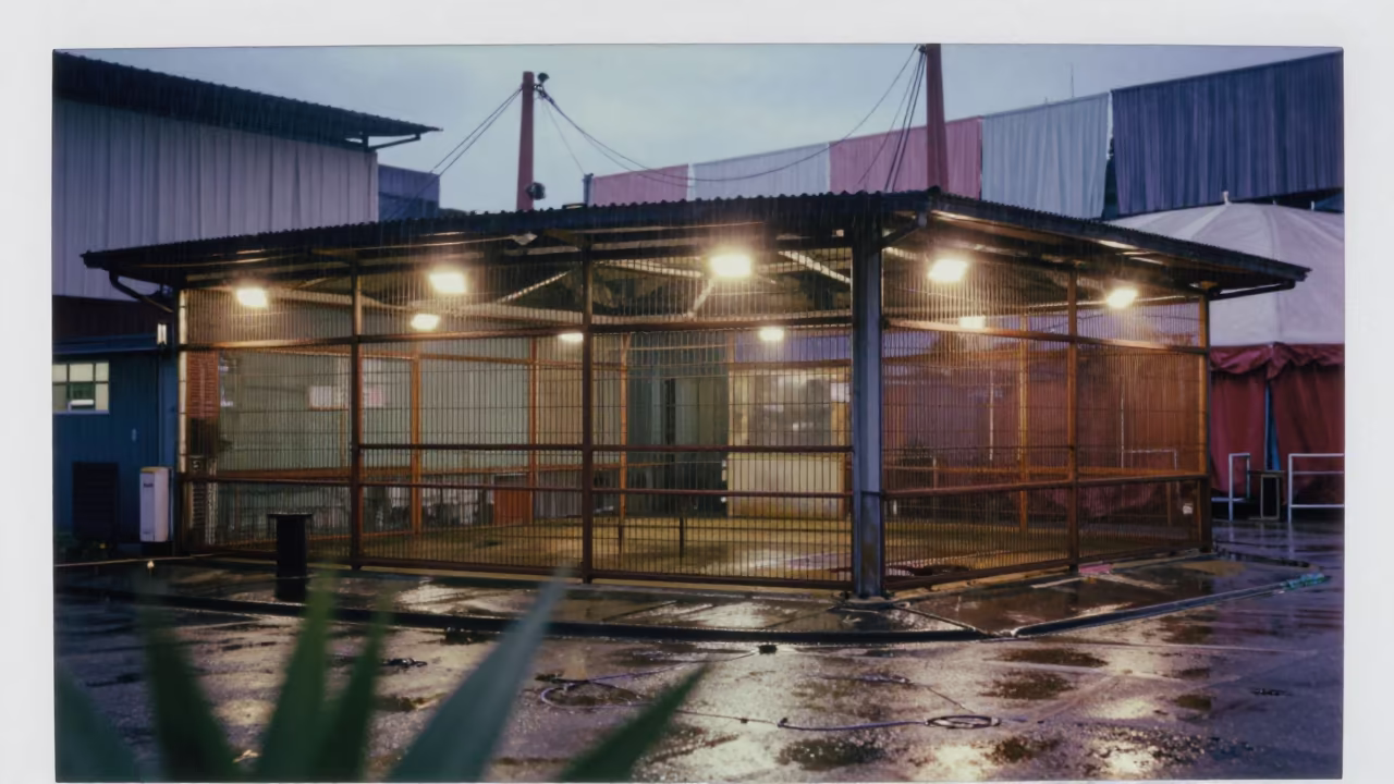 Hong Kong Busker Spot with Rusting Circus Cages in at a street corner busking spot in Hong Kong