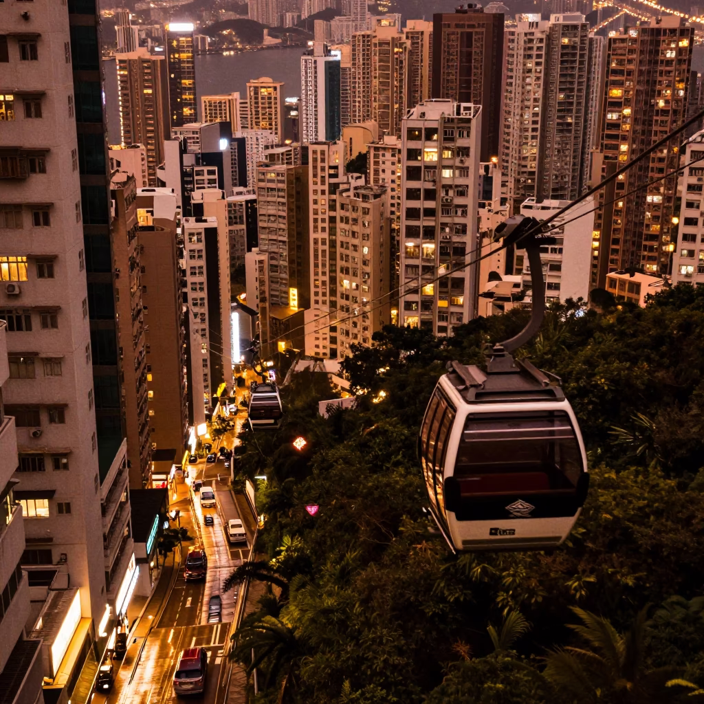 Hong Kong Cable Car Descent in Copper Dusk Light Over Urban Density in in Hong Kong, Hong Kong
