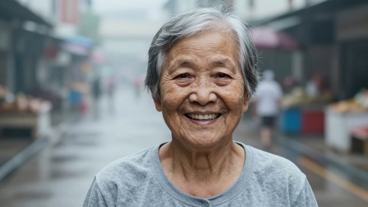 Hong Kong Centenarian Midwife Dawn Portrait in along a market lane in Hong Kong