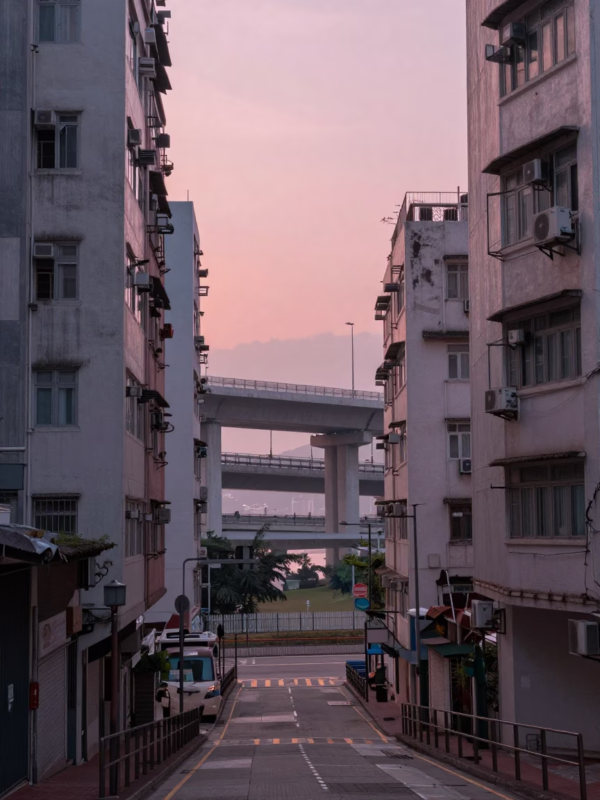 Hong Kong Dawn Alleyway with Faded Signage and Morning Light in in Hong Kong, Hong Kong