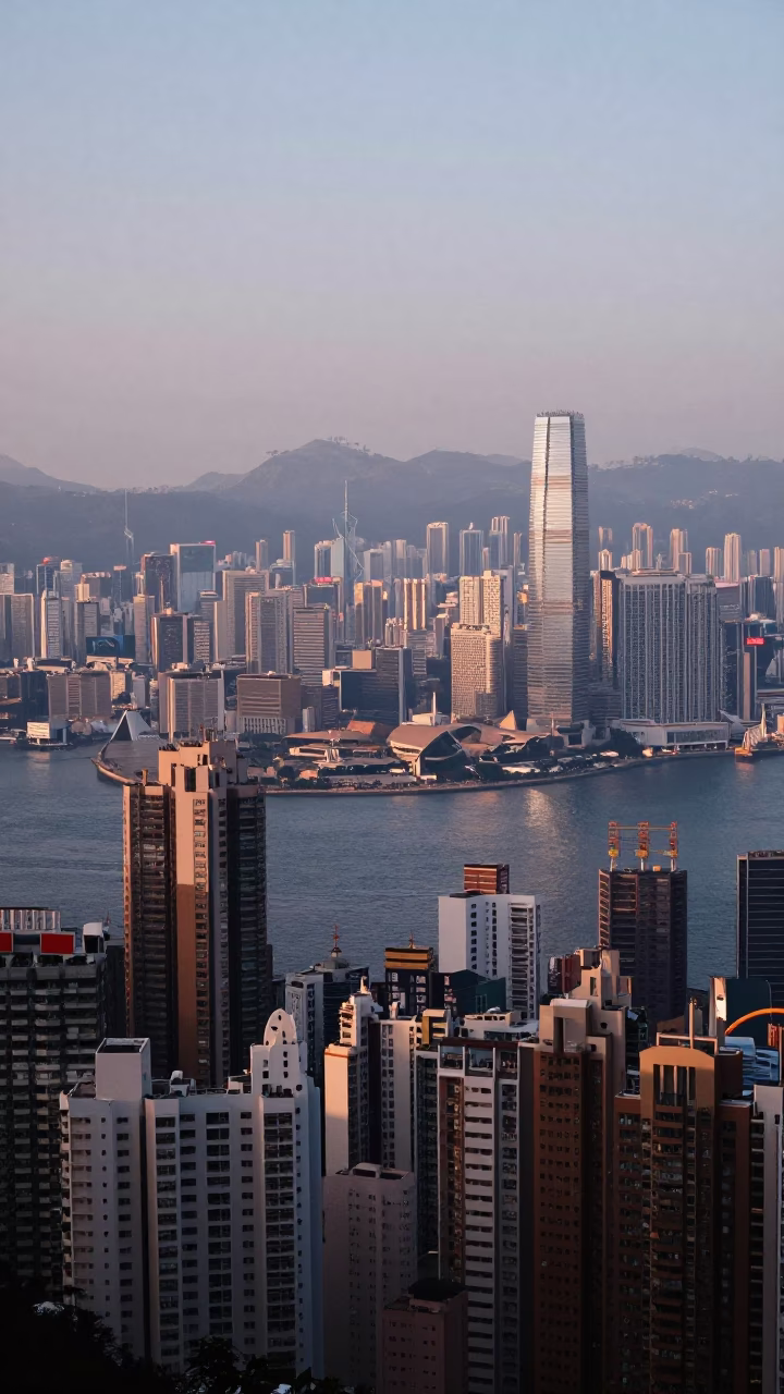 Hong Kong Dawn Horizon View Over Dense Urban Rooftops and Utility Lines in in Hong Kong, Hong Kong