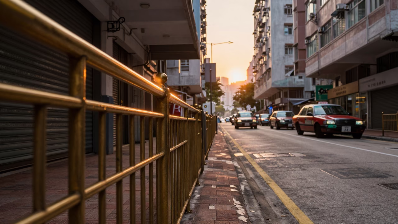 Hong Kong Dawn Street Scene with Brass Rail and Vintage Scooter in in Hong Kong, Hong Kong