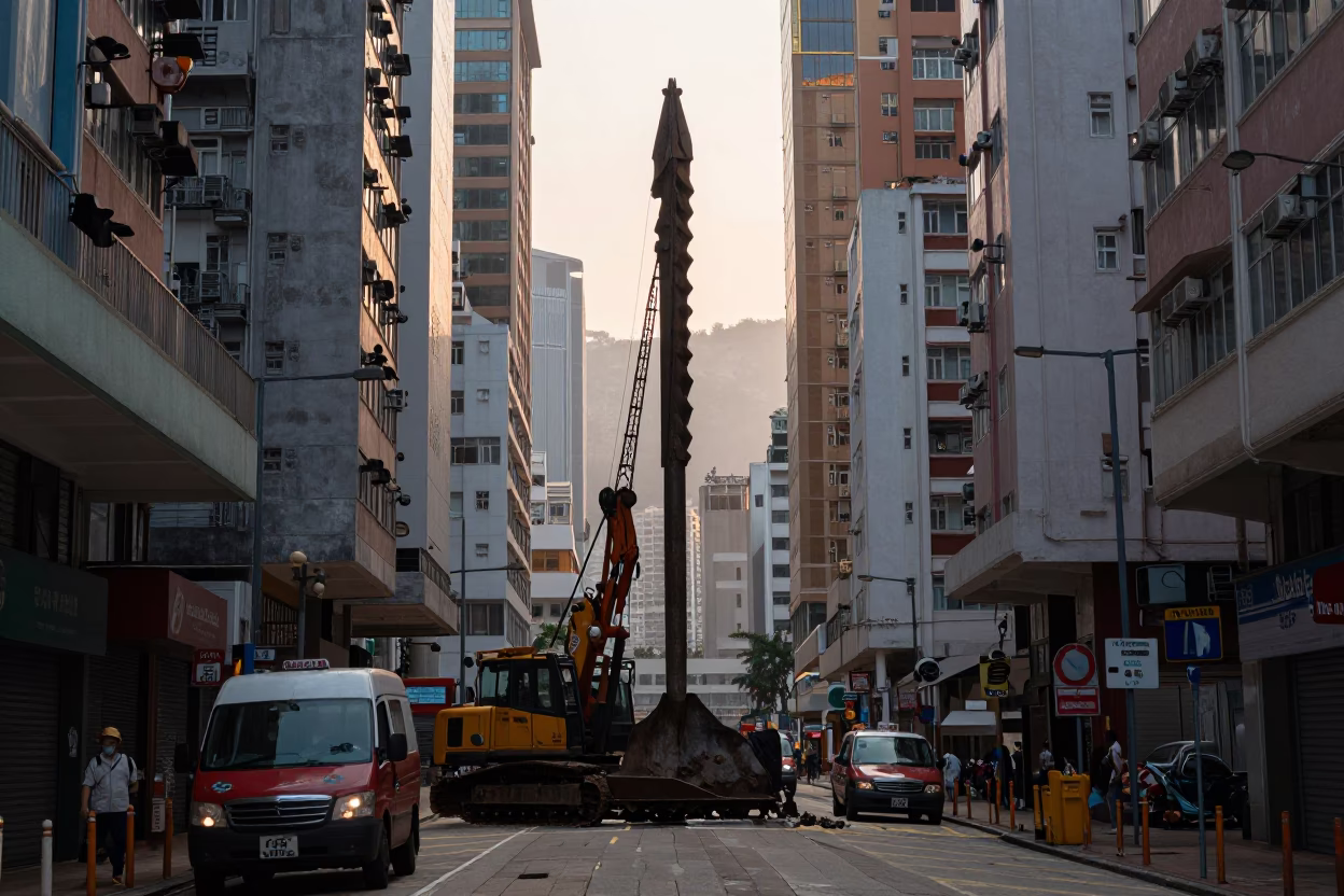 Hong Kong Dawn Street Scene with Pile Driver Construction and Vintage Architecture in in Hong Kong, Hong Kong