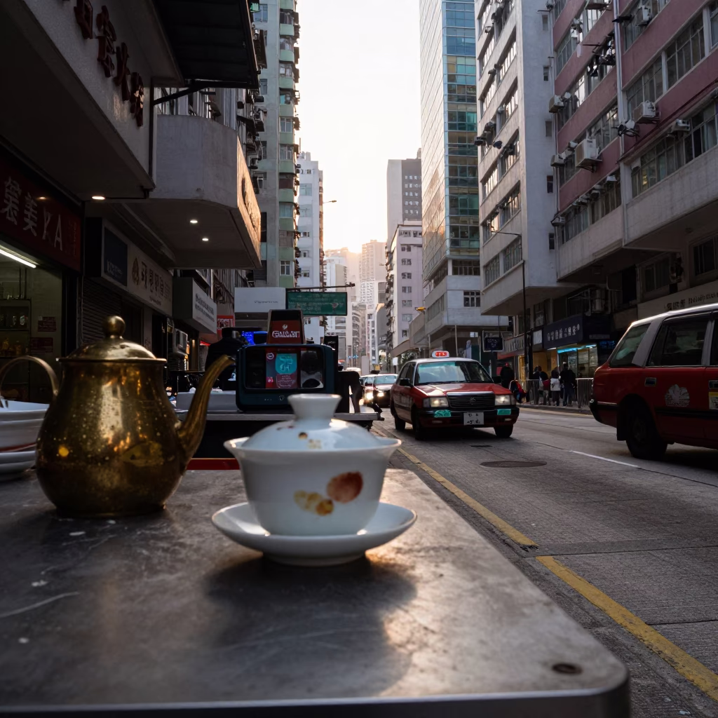 Hong Kong Dawn Street Scene with Tea Stains and Brass Details in in Hong Kong, Hong Kong