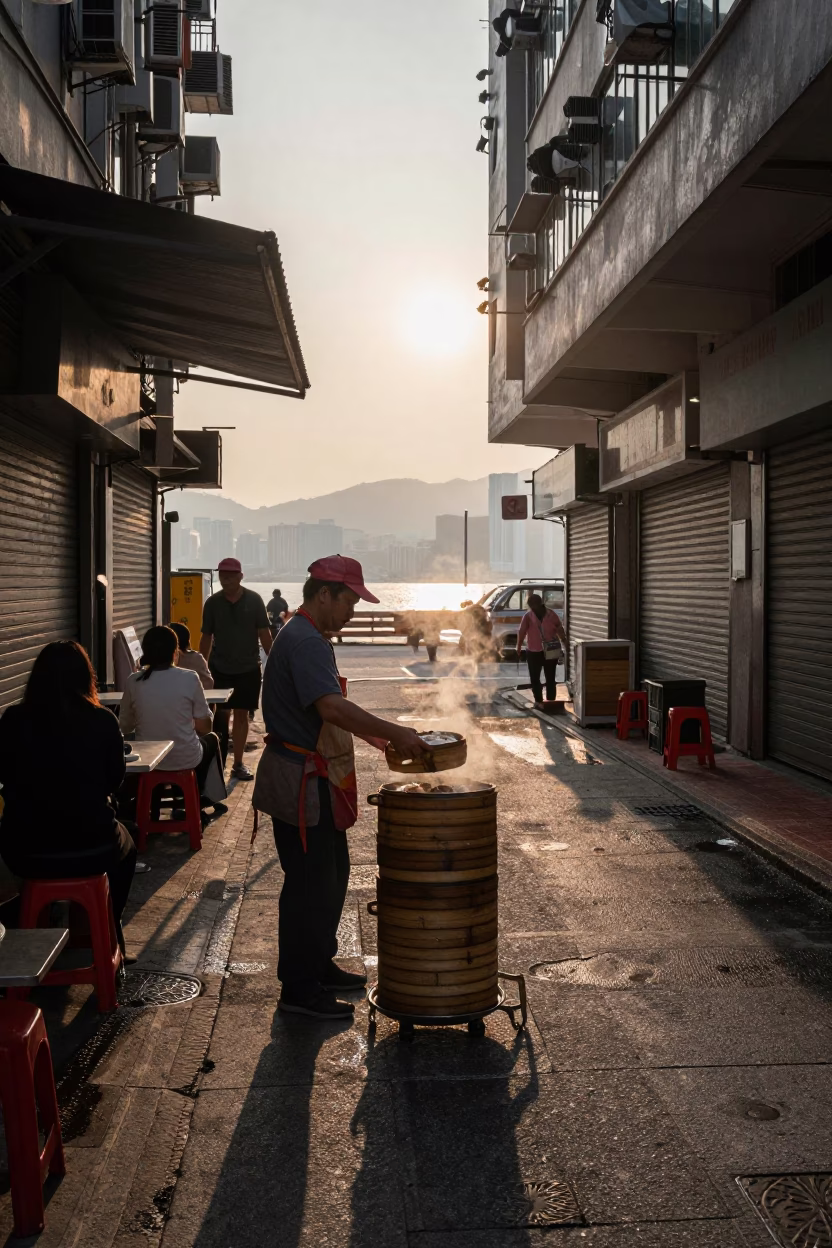 Hong Kong Dim Sum at As The Sun Drops Toward The Horizon in in Hong Kong, Hong Kong