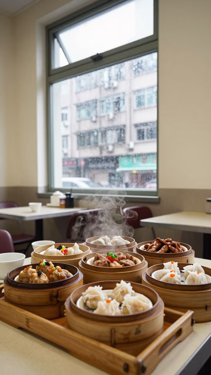 Hong Kong Dim Sum Tea Tray with Rainy Light in on a tea house tray in Hong Kong