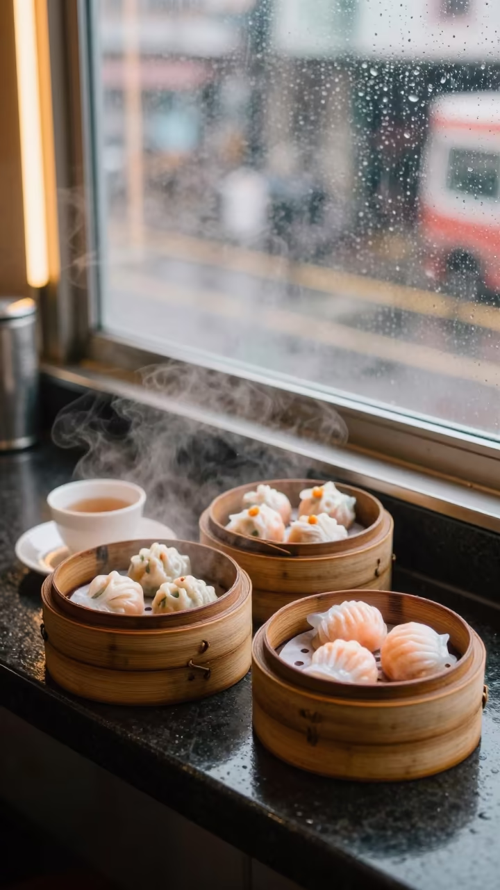 Hong Kong Dim Sum Tray with Tea in at a coffee bar counter in Kennedy Town, Hong Kong