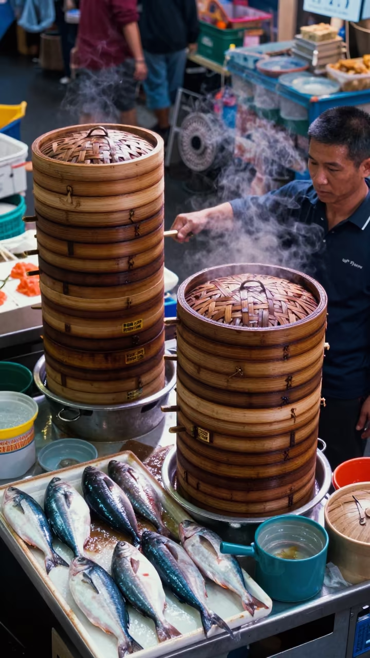 Hong Kong Dim Sum Vendor Stacking Steamers in beside a fish counter in Hong Kong