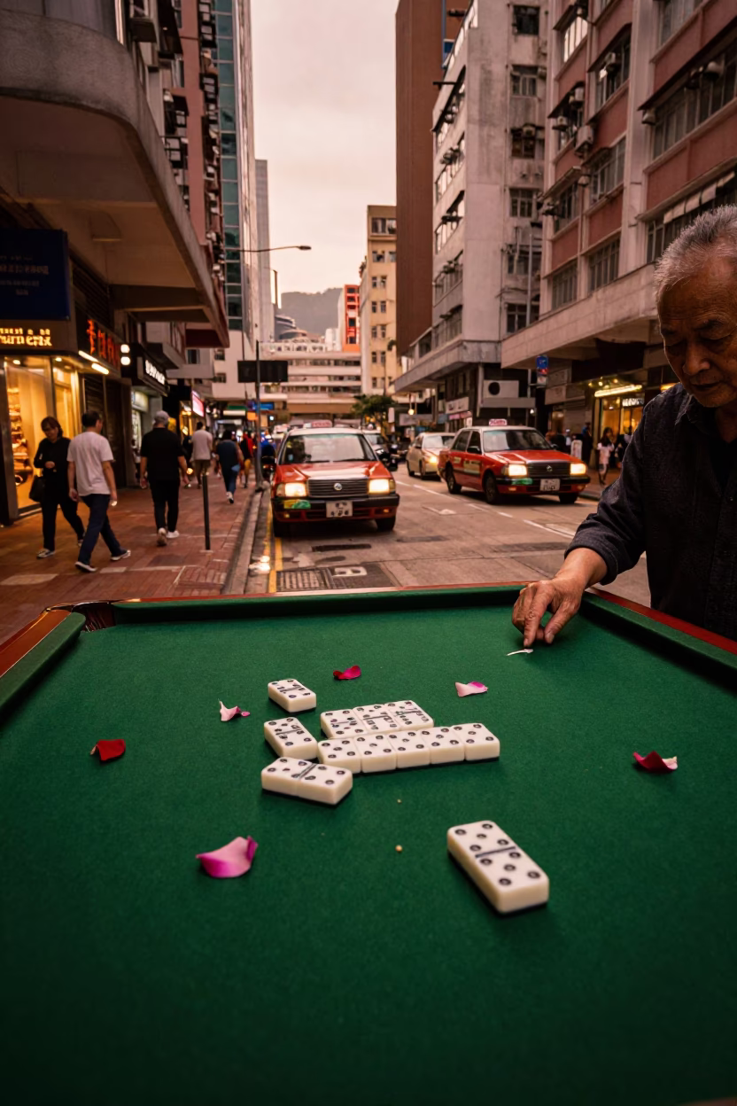 Hong Kong Dusk Street Scene with Dominoes and Petals in Copper Light in in Hong Kong, Hong Kong