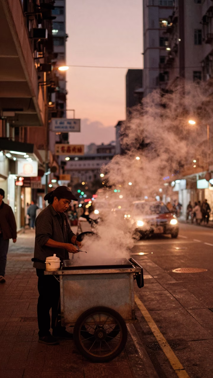 Hong Kong Dusk Street Scene with Steam Haze and Local Dining Elements in in Hong Kong, Hong Kong