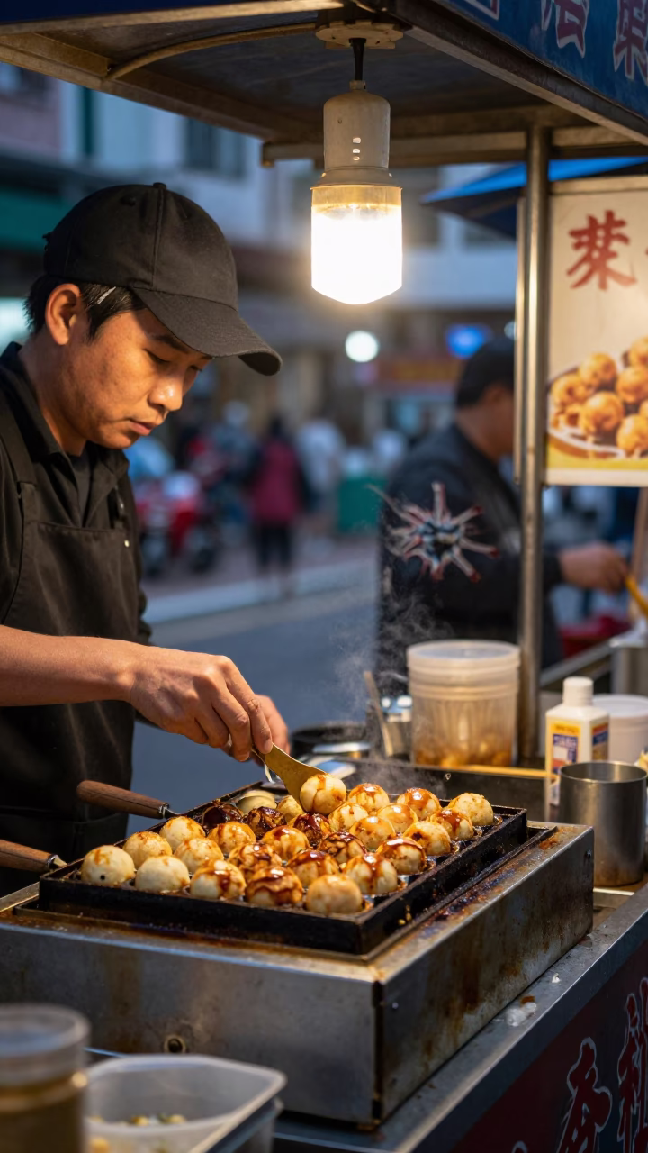 Hong Kong Early Evening Street Food Stall with Takoyaki Grill and Urban Background in in Hong Kong, Hong Kong